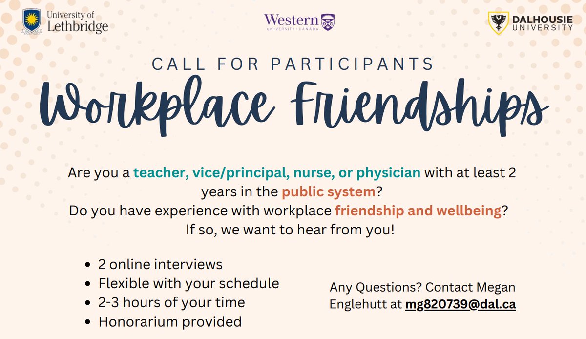 Teachers, Principals/VP, Nurses, Physicians - please consider participating in this much needed research.
Our qualitative study will explore the impact workplace friendships have on the wellbeing of teachers, principals/vice principals, nurses, and physicians who have long been