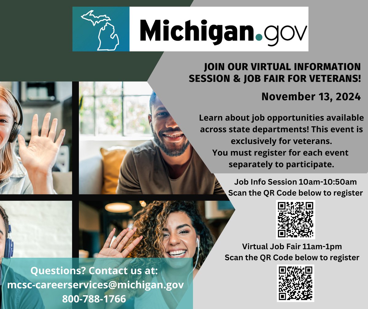 Veterans! Register to join the next State of Michigan virtual job information session and career fair. Takes place on November 13, 2024. Information session click here tinyurl.com/mr28a586 and for the career fair click here tinyurl.com/3ju5cxd4 #MiGovJobs #employment