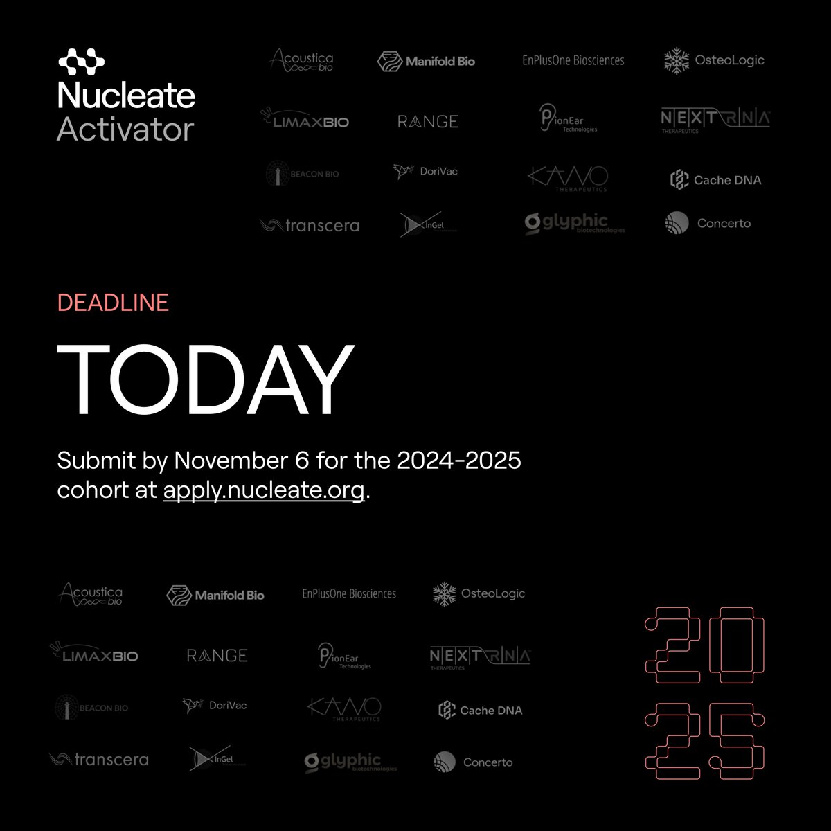 NucleateHQ's tweet image. Last Chance to Apply for the Activator: Submit Today!

📅 Application Deadline: Nov 6th, 2024
🔗 Apply: apply.nucleate.org
🌐 Learn more: nucleate.org/activator