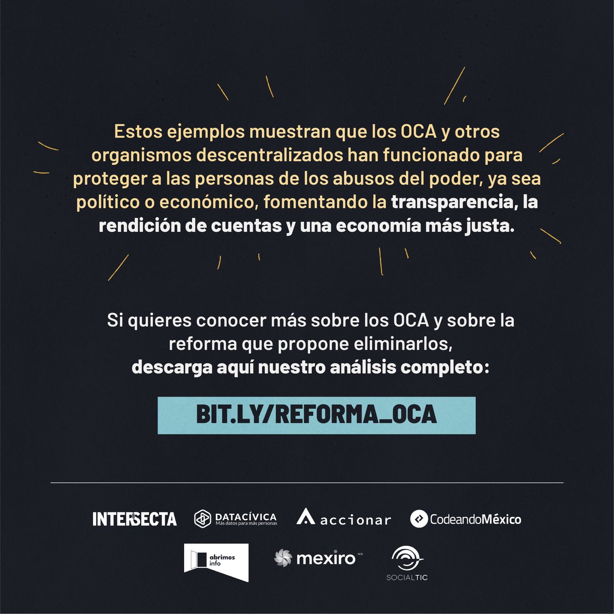datacivica's tweet image. Los OCA y otros organismos descentralizados han funcionado para proteger a las personas a través de la #transparencia, la rendición de cuentas y una economía más justa 🔎. 

Hoy están en riesgo de desaparecer 🚨. 

Conoce #LoQueYaNoVamosASaber 👉🏽 bit.ly/reforma_oca