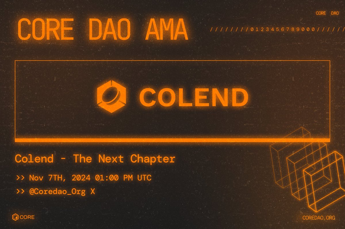 Join us tomorrow for “The Next Chapter” AMA with <a href="/colend_xyz/">Colend 🔴 ᴄʟɴᴅ</a>! 🔥

Discover what's next for Colend and Core in the BTCfi ecosystem. Don't miss it!

🗓️ November 7th, 1 PM UTC
🔗 x.com/i/spaces/1OdKr…