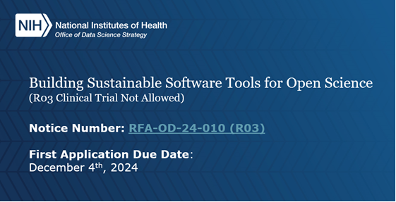 .<a href="/NIH/">NIH</a> announces funding for "Building Sustainable Software Tools for Open Science". Aims to enhance research software sustainability, promote best practices, and foster partnerships. Advancing FAIR principles in open science.

First deadline: Dec 4, 2024
bit.ly/3WwHRgP