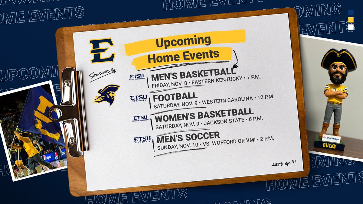 𝙋𝙖𝙘𝙠𝙚𝙙 𝙒𝙚𝙚𝙠𝙚𝙣𝙙 𝙤𝙛 𝘽𝙪𝙘𝙘𝙖𝙣𝙚𝙚𝙧 𝙃𝙤𝙢𝙚 𝙂𝙖𝙢𝙚𝙨

🏀 Nov. 8 <a href="/ETSU_MBB/">ETSU Men's Basketball</a> vs. Eastern Kentucky, 7p
🏈 Nov. 9 <a href="/ETSUFootball/">ETSU Football</a> vs. Western Carolina, 12p
🏀 Nov. 9 <a href="/ETSU_WBB/">ETSU Women’s Basketball</a> vs. Jackson State, 6p
⚽️ Nov. 10 <a href="/ETSUMSoccer/">ETSU Men's Soccer</a> SoCon semifinal, 2p

🎟️