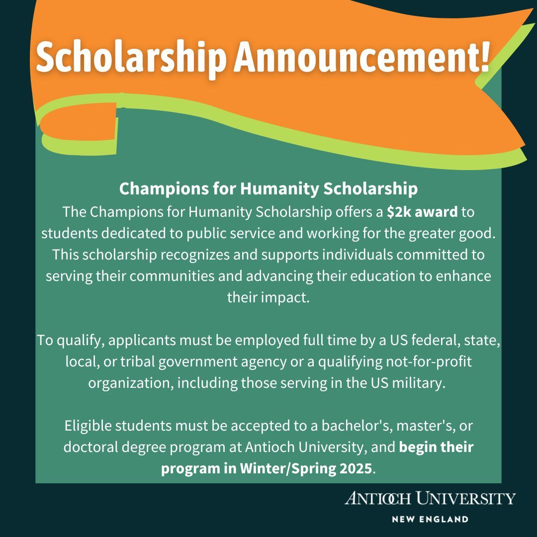 ✨ Scholarship Announcement! For new Students. Apply by December 1st! ✨ 

buff.ly/40vxD2u 

#teachertwitter #edutwitter #AUNE #education @antiochu