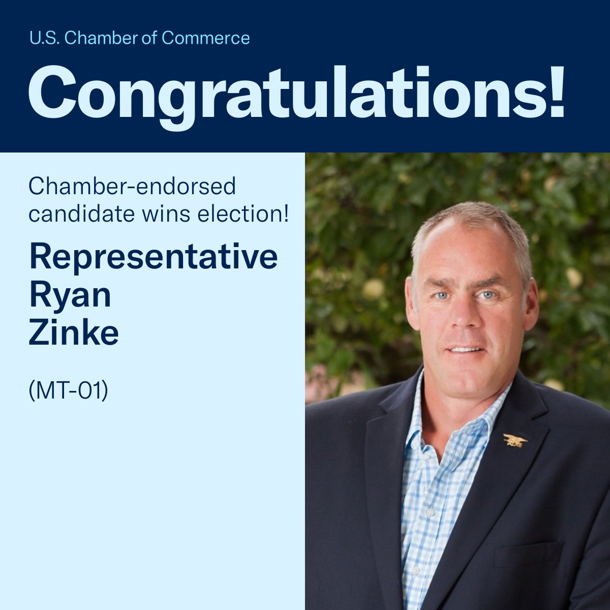 U.S. Chamber Action (@uschamberaction) on Twitter photo Congratulations, <a href="/RyanZinke/">Ryan Zinke</a>, on your win in MT-01. We look forward to working with you in the 119th Congress!
More here: uschamber.com/improving-gove… Congratulations, <a href="/RyanZinke/">Ryan Zinke</a>, on your win in MT-01. We look forward to working with you in the 119th Congress!
More here: uschamber.com/improving-gove…