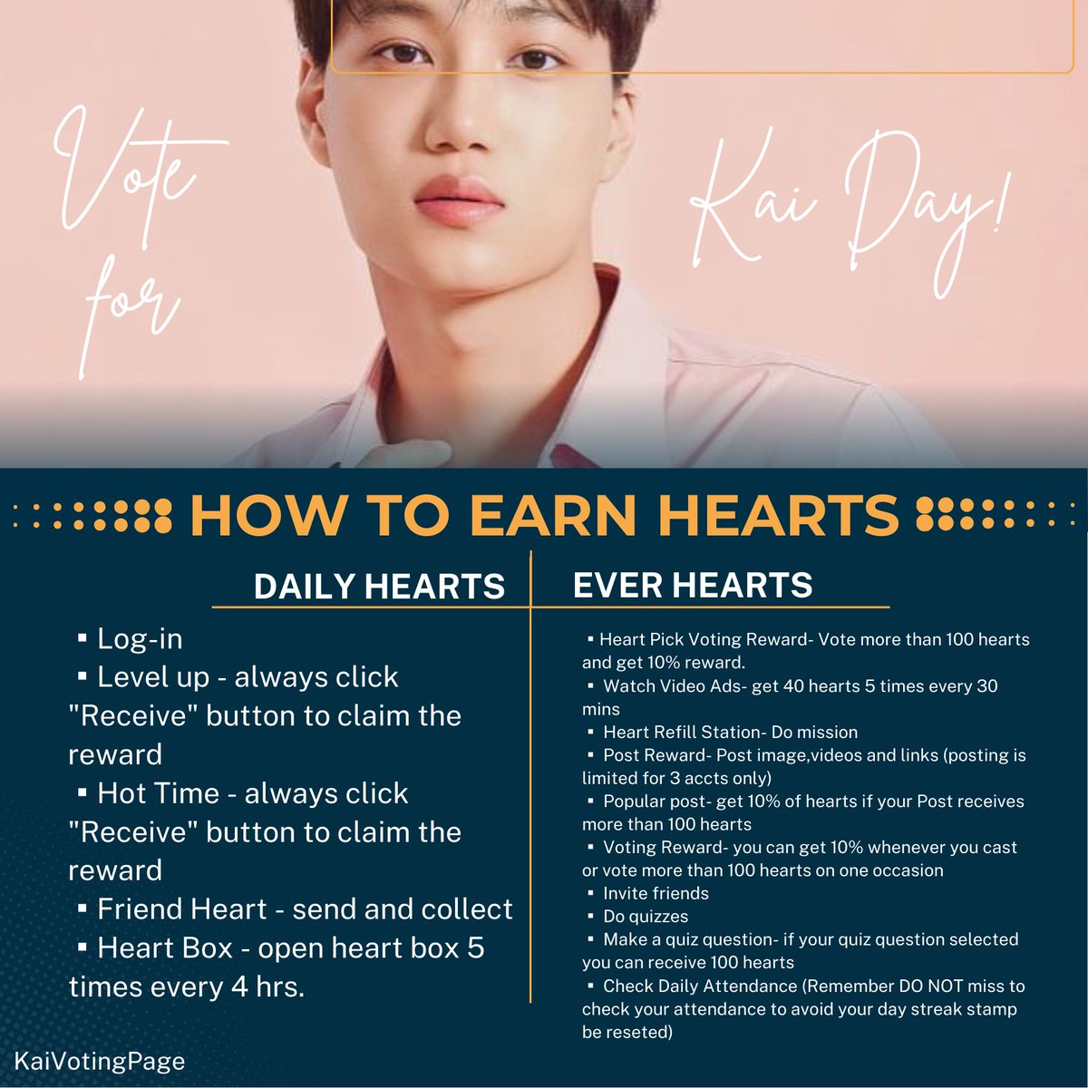 KaiVotingPage's tweet photo. [CHOEAEDOL] January Birthday Poll!

Here's the updated info on how to get more hearts on choeaedol 👇
Please check carefully!

Reminder: Cast your votes daily on Kai's community post using your DAILY HEART and save EVER HEART for KAI DAY.

#KAI #카이 #김종인 #カイ #金钟仁 #Jongin https://t.co/YLxmaJmzIX