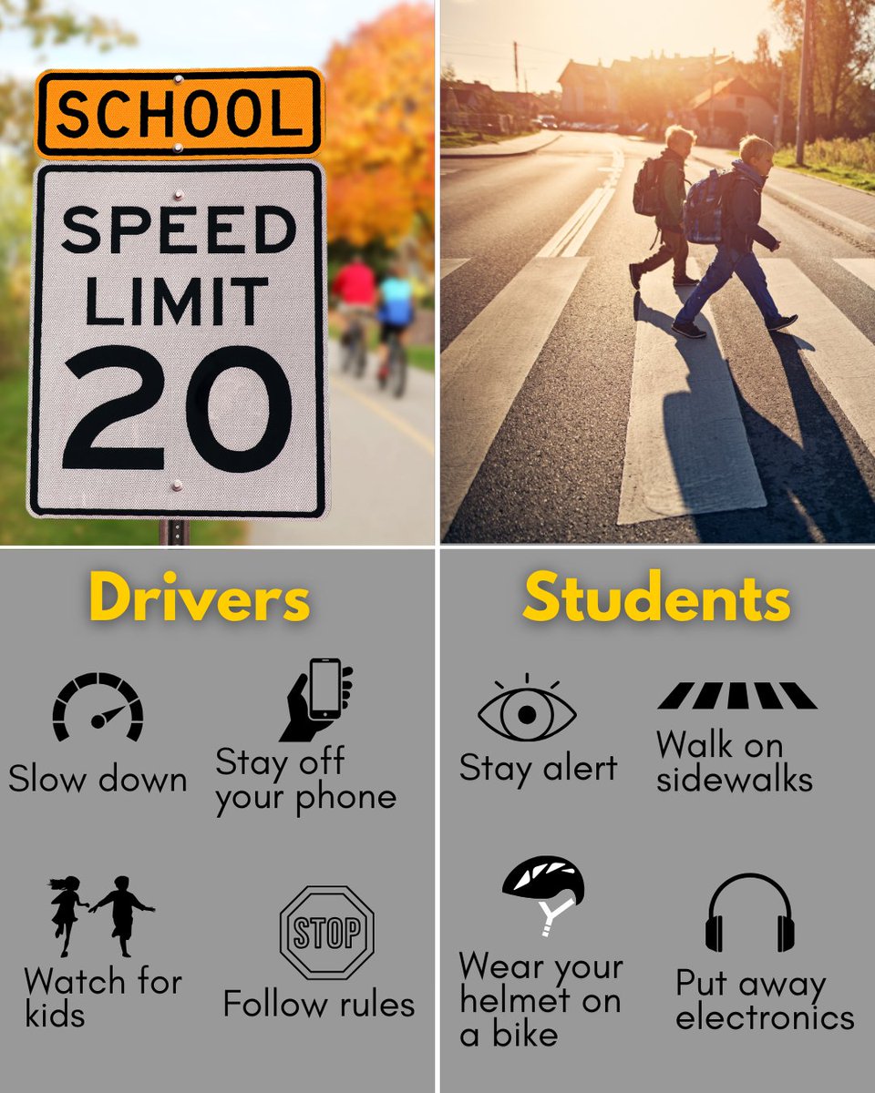 We ALL have an important role to play in school zone safety. 🚌🚸 

Drivers — stay alert and watch for students. 🎒