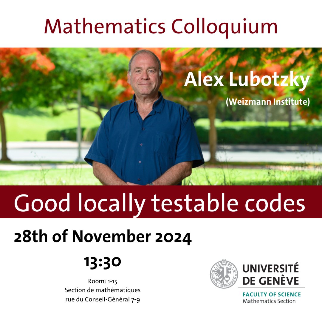 Section of Mathematics | UNIGE (@maths_unige) on Twitter photo Join us for our next #MathematicsColloquium by Alex Lubotzky (<a href="/WeizmannScience/">Weizmann Institute</a>)
🗓️ 28th November
⏰ 13:30
📍UNIGE Section of Mathematics
ℹ️agenda.unige.ch/events/view/41… Join us for our next #MathematicsColloquium by Alex Lubotzky (<a href="/WeizmannScience/">Weizmann Institute</a>)
🗓️ 28th November
⏰ 13:30
📍UNIGE Section of Mathematics
ℹ️agenda.unige.ch/events/view/41…
