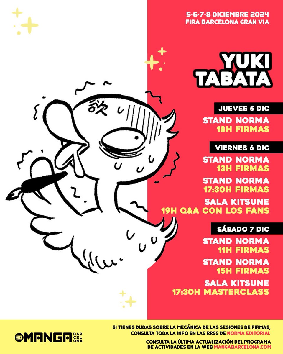 NormaEdManga's tweet image. 📢¡Ya tenemos el programa de actividades de Yûki Tabata! Si quieres conocer a Tabata-sensei y/o conseguir una firma suya, ¡corre a apuntarte al formulario!  

Toda la info en nuestro blog:
normaeditorial.com/noticia/como-c…