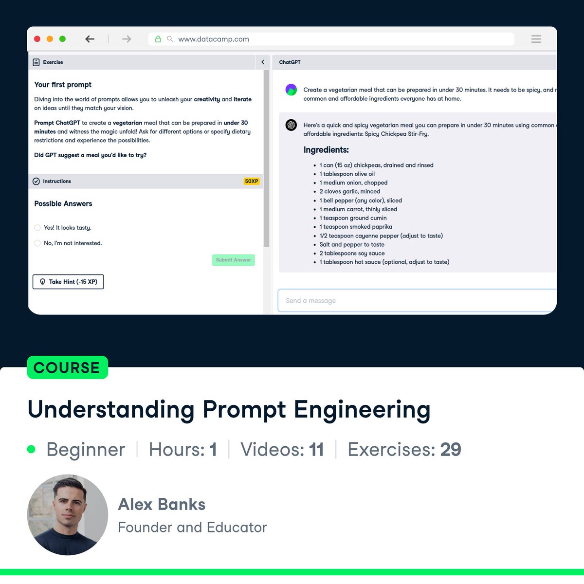 DataCamp's tweet image. #FreeAccessWeek: Learn to maximize ChatGPT&apos;s potential

You&apos;ll learn how to streamline creative processes, elevate response accuracy, and integrate ChatGPT seamlessly into your workflow.

Complete for free 👉 ow.ly/oUbJ50TVGNA

#DataCamp #AILiteracy #GenAI