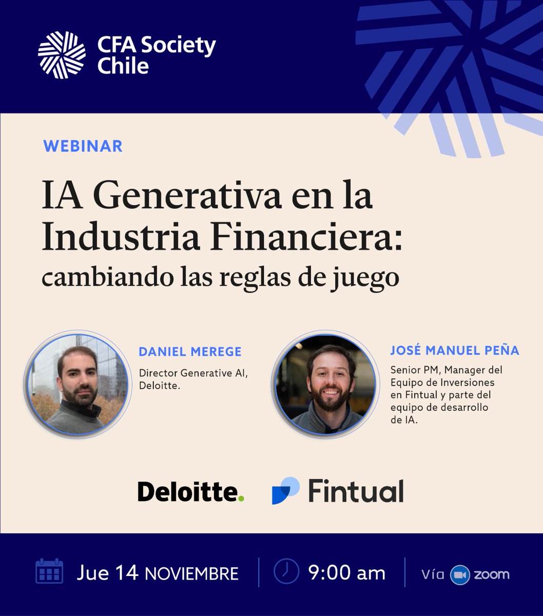 CFASocietyChile's tweet photo. 📅 14 Nov, 9:00 am
📍 Zoom https://t.co/THSFKNejNj

¡No te pierdas el webinar de CFA Society Chile! "IA Generativa en Finanzas" con Daniel Merege (Deloitte) y José Manuel Peña (Fintual).

#Webinar #IA #Finanzas https://t.co/M0YSfosQMX