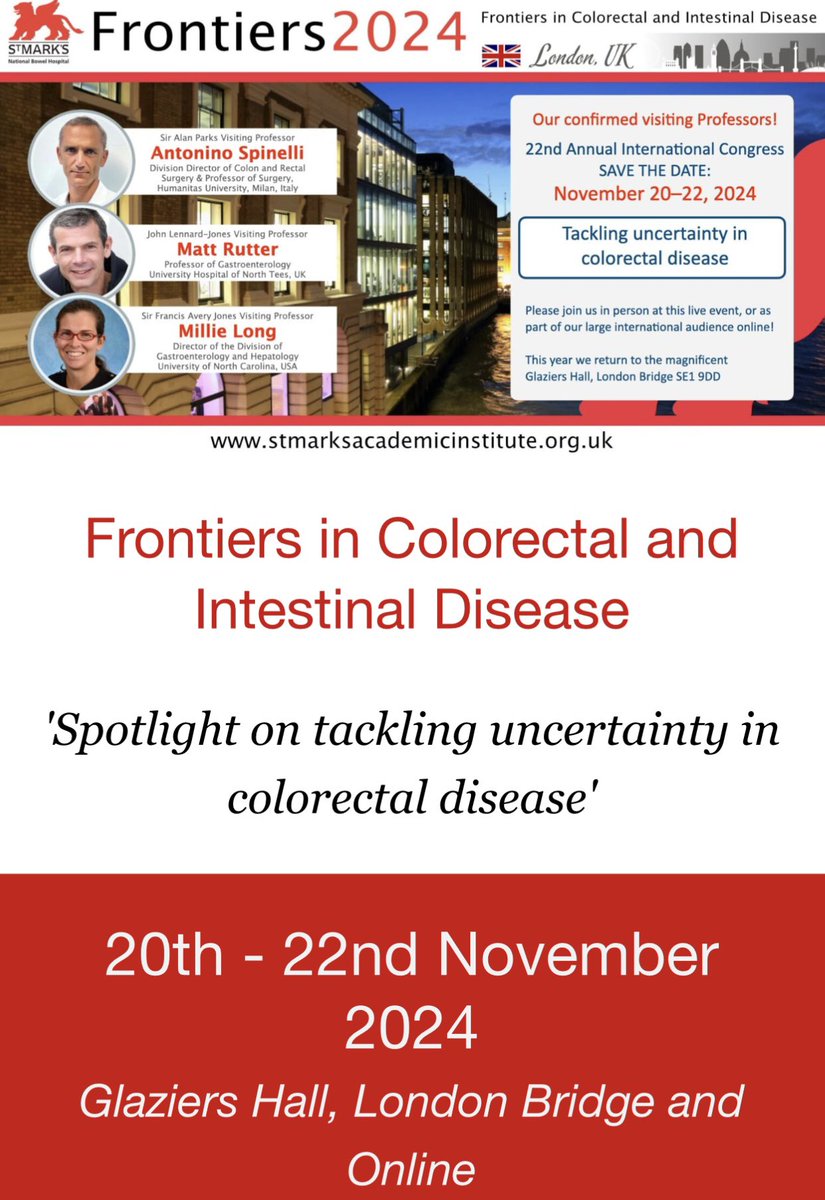 Aline Charabaty, MD, FACG, AGAF (@dcharabaty) on Twitter photo Looking for a change in scenery after the US elections?
🤝Join UK & international faculty at the <a href="/StMarksHospital/">St Mark's Hospital</a> Frontiers in #GI & #CRSurgery
💎Addressing todays challenges in practice💎
🇬🇧On site,or
💻⭐️Free⭐️ Live on-line
🫖Bring your own tea😉
🔗 bit.ly/4aSrShY Looking for a change in scenery after the US elections?
🤝Join UK & international faculty at the <a href="/StMarksHospital/">St Mark's Hospital</a> Frontiers in #GI & #CRSurgery
💎Addressing todays challenges in practice💎
🇬🇧On site,or
💻⭐️Free⭐️ Live on-line
🫖Bring your own tea😉
🔗 bit.ly/4aSrShY