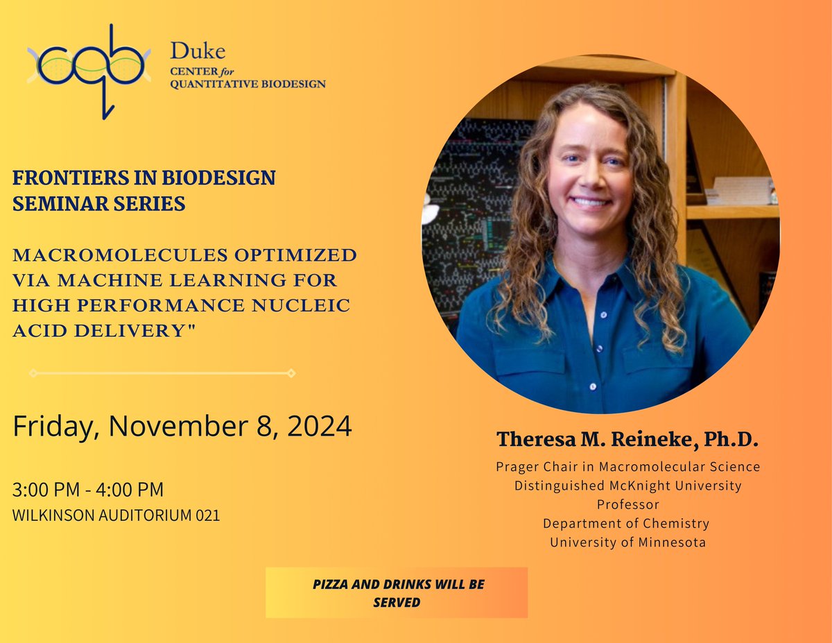 Duke Center for Quantitative Biodesign (@dukebiodesign) on Twitter photo Join us this Friday, 11/8 from 3-4 PM in Wilkinson 021 as we hear from our guest speaker, <a href="/Theresa_Reineke/">Theresa M. Reineke</a> , Distinguished McKnight University Professor in the Department of Chemistry at the University of Minnesota.
To read more on Dr. Reineke, see here: lnkd.in/e3p3Dqsq Join us this Friday, 11/8 from 3-4 PM in Wilkinson 021 as we hear from our guest speaker, <a href="/Theresa_Reineke/">Theresa M. Reineke</a> , Distinguished McKnight University Professor in the Department of Chemistry at the University of Minnesota.
To read more on Dr. Reineke, see here: lnkd.in/e3p3Dqsq