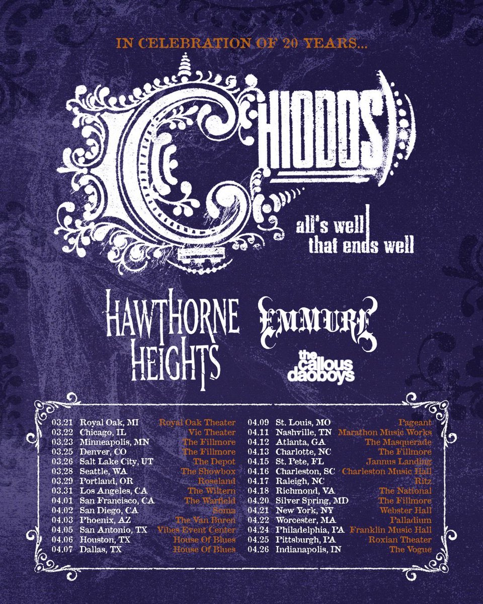 SOTSPodcast's tweet photo. Chiodos have announced a 20 Year Anniversary Tour of their album All's Well That Ends Well with support from Hawthorne Heights, Emmure, and The Callous Daoboys. https://t.co/vYMyZaOtgn
