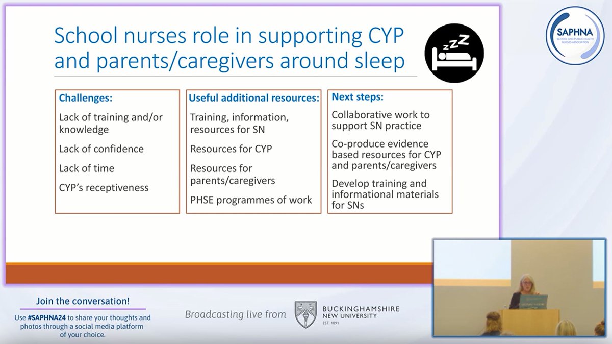 How important is sleep for children &amp; young people? "School Nursing in the times of Covid research (&amp; beyond)" has proven it's imperative - SCPHNs can support CYP &amp; families. Together, we can build better practice. Thank you to Dr. Sarah Bekaert and Dr. Georgia Cook. 👏 #SAPHNA24