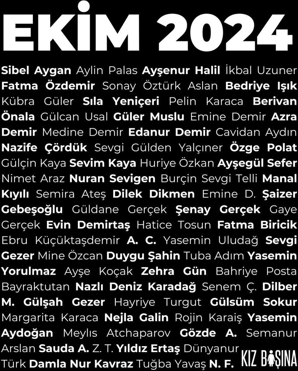 kiz_basina's tweet photo. 48 hayat, 48 hayal…

Ekim ayında 48 kadın öldürüldü. 
Bu gördüğünüz yalnızca bir sayı değil. Her bir ismin ardında yaşanmış hikayeler, yarım kalan hayaller, sevdikleriyle paylaşılmış anılar var. 48 kadın demek, yarım kalan umutlar, hayalleri olan 48 insan demek.

Kız kardeşlerimizin isimlerini unutmuyoruz, unutmayacağız! Birlikte omuz omuza mücadeleye devam edeceğiz. Yılmayacağız, susmayacağız, durmayacağız!

Kaynak: @KadinCinayeti 

#kadıncinayetleri #kizbasina