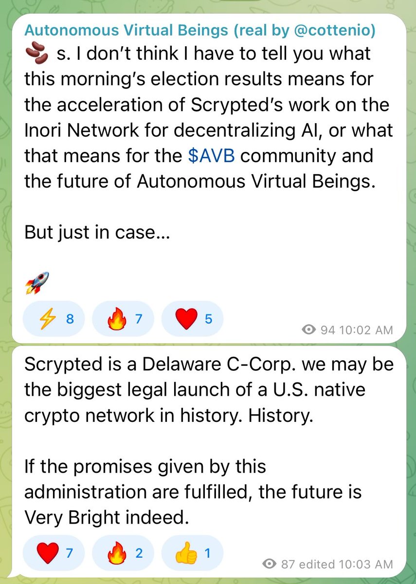 CottenIO's tweet photo. Boldly going where no Delaware C-Corp has gone before, thanks to the crypto-accelerating promises of #Trump2024 

Sharing with the AVB community.

Bullish on @scryptedinc and the coming Inori Network.

Imagine being one of the first U.S. native launches - with supporting gov. 😱 https://t.co/QoKRdl8NWD