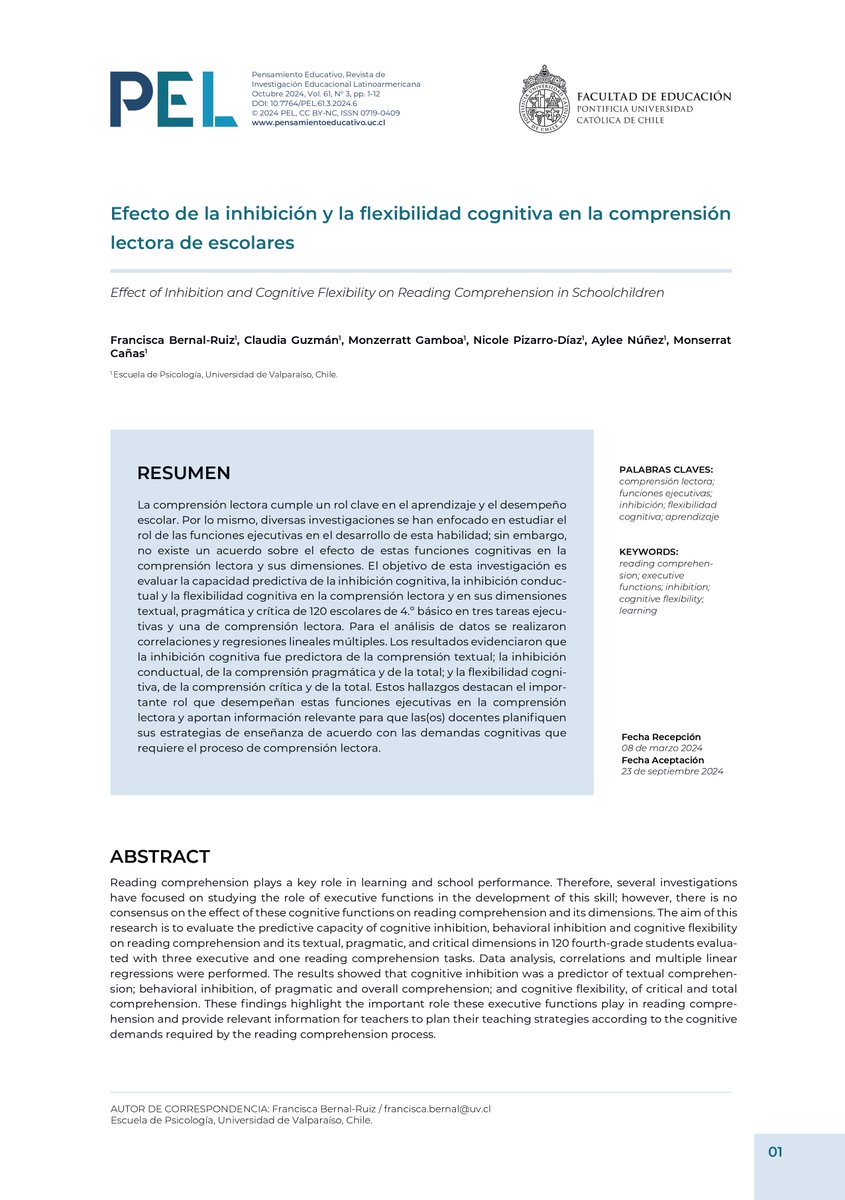 CIDCL (@cidcluv) on Twitter photo La Dra. Francisca Bernal-Ruiz, junto a su equipo de trabajo, publicaron el artículo: "Efecto de la inhibición y la flexibilidad cognitiva en la comprensión lectora de escolares", en la Revista Pensamiento Educativo <a href="/ucatolica/">Universidad Católica</a>
ojs.uc.cl/index.php/pel/…
<a href="/InvestigandoUV/">Investigando UV</a> <a href="/SocialesUV/">Facultad de Ciencias Sociales UV</a> La Dra. Francisca Bernal-Ruiz, junto a su equipo de trabajo, publicaron el artículo: "Efecto de la inhibición y la flexibilidad cognitiva en la comprensión lectora de escolares", en la Revista Pensamiento Educativo <a href="/ucatolica/">Universidad Católica</a>
ojs.uc.cl/index.php/pel/…
<a href="/InvestigandoUV/">Investigando UV</a> <a href="/SocialesUV/">Facultad de Ciencias Sociales UV</a>