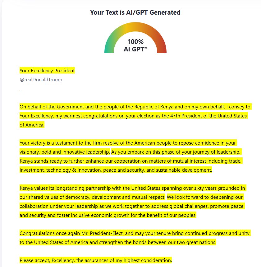 Dear <a href="/HusseinMohamedg/">Hussein Mohamed, MBS.</a> you folks are embarrassing the president. Even a congratulatory message is AI generated 100% . This is an international embarrassment. <a href="/geraldbitok/">Gerald Bitok</a> <a href="/EmmanuelTalam/">emmanuel talam</a>
