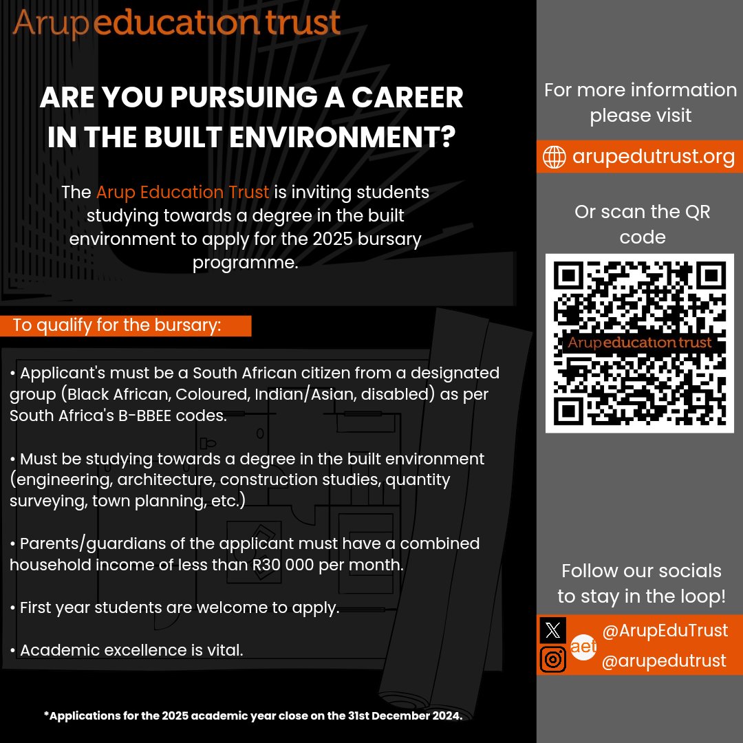 ArupEduTrust's tweet photo. 📢📢📢
The Arup Education Trust is open for applications for the 2025 academic year.✍️
To apply, visit our website, where you will find detailed information on eligibility criteria and the application process. 
*Applications close 31 December 2024❗️
#bursary #arupedutrust https://t.co/4bo6kPJQaR
