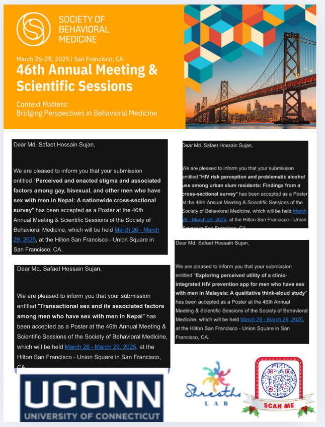 Happy to share that four of my abstracts from <a href="/Shrestha_Lab/">Shrestha Lab at UConn</a>  have been accepted for the upcoming Society of Behavioural Medicine (SBM) Conference! 
Honoured to contribute to advancing SBM through our research. Can't wait to connect and learn from fellow researchers.