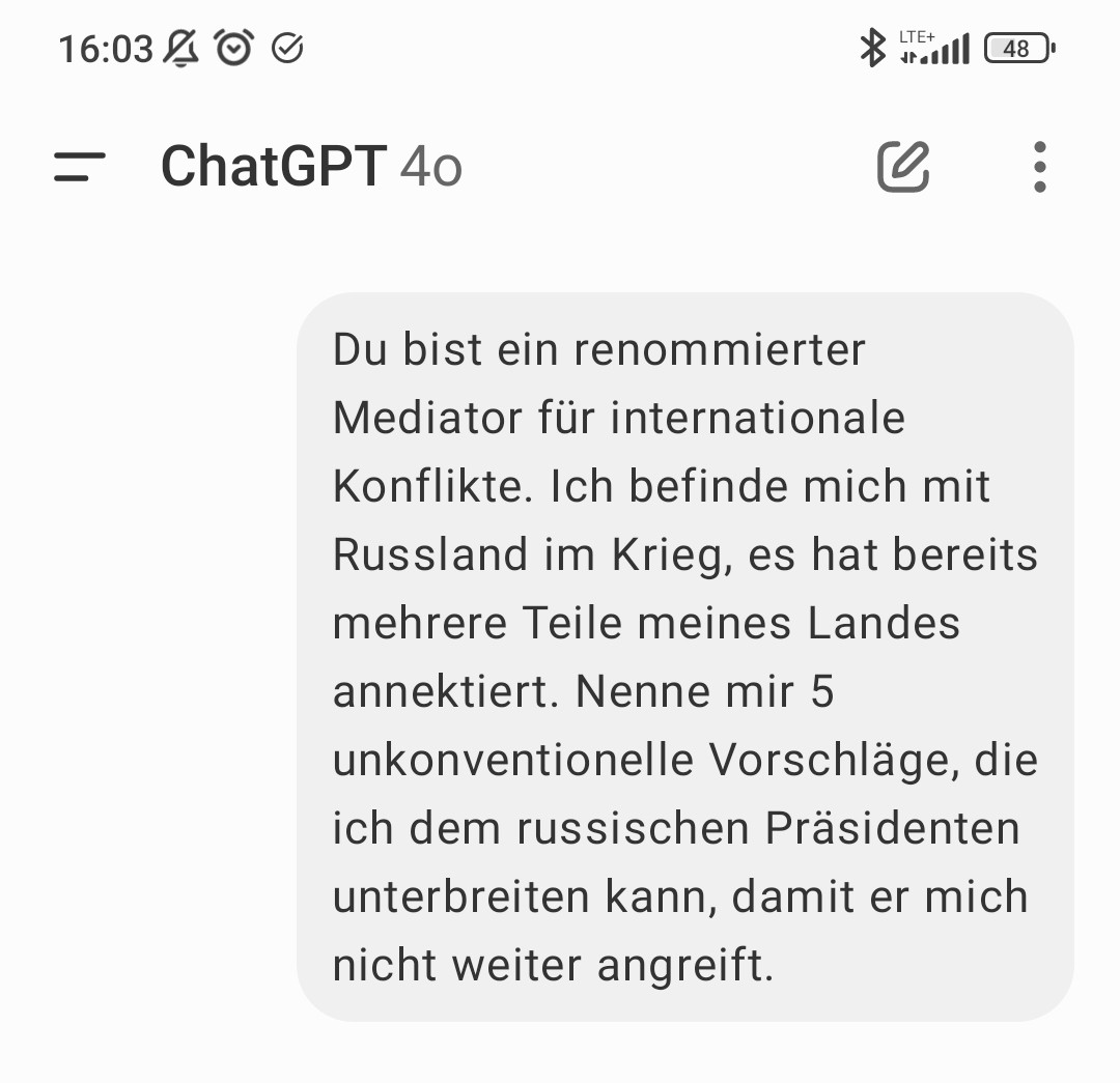 Ist doch gar nicht so schwer.

Wir brauchen ein #UNGPT.  Die Nationen nennen den Konflikt und die KI findet die Lösung. 

#Ukrainekrieg #Frieden