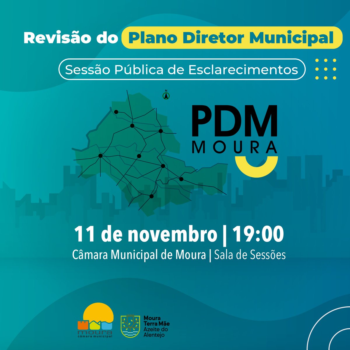 PDM MOURA |

A Câmara Municipal de Moura promove no próximo dia 11 de novembro, pelas 19:00, na Sala de Sessões do edifício Paços do Concelho, uma Sessão Pública de Esclarecimentos no âmbito da Revisão do Plano Diretor Municipal.