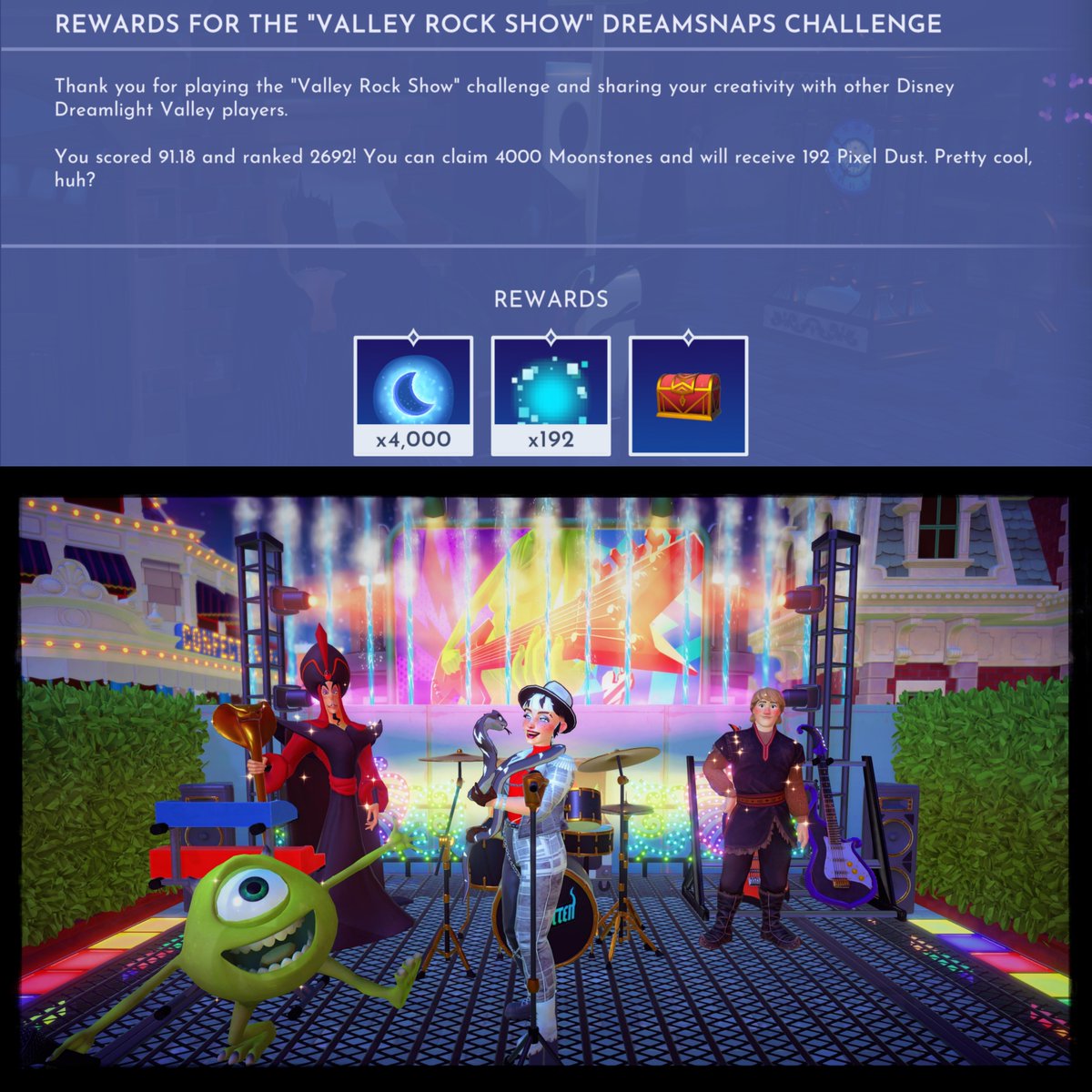 Valley Rock Show #DreamSnaps results.

SAY WHAT?! I mean, I'm happy cause I worked hard on this, but I was expecting it to bomb. Wow. #DisneyDreamlightValley