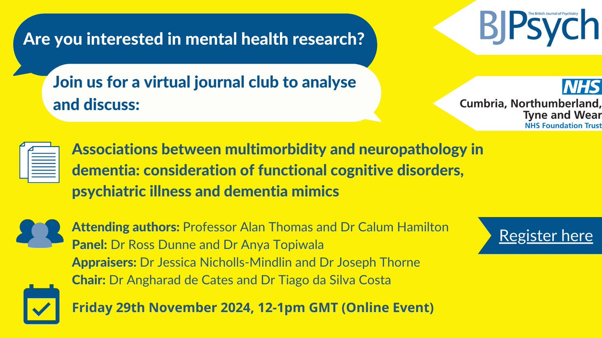 BJPsych Journals (@thebjpsych) on Twitter photo 🚨JOURNAL CLUB INCOMING🚨
Join the #BJPsych for its virtual journal club discussing the paper 'Associations between multimorbidity and neuropathology in dementia' hosted by <a href="/angharaddecates/">Angharad de Cates</a>
⏰29 Nov 24 12pm GMT
Register here: tinyurl.com/3u89fve6
<a href="/CambUP_Psych/">Cambridge UP - Psychology & Psychiatry</a> <a href="/rcpsych/">Royal College of Psychiatrists</a> 🚨JOURNAL CLUB INCOMING🚨
Join the #BJPsych for its virtual journal club discussing the paper 'Associations between multimorbidity and neuropathology in dementia' hosted by <a href="/angharaddecates/">Angharad de Cates</a>
⏰29 Nov 24 12pm GMT
Register here: tinyurl.com/3u89fve6
<a href="/CambUP_Psych/">Cambridge UP - Psychology & Psychiatry</a> <a href="/rcpsych/">Royal College of Psychiatrists</a>