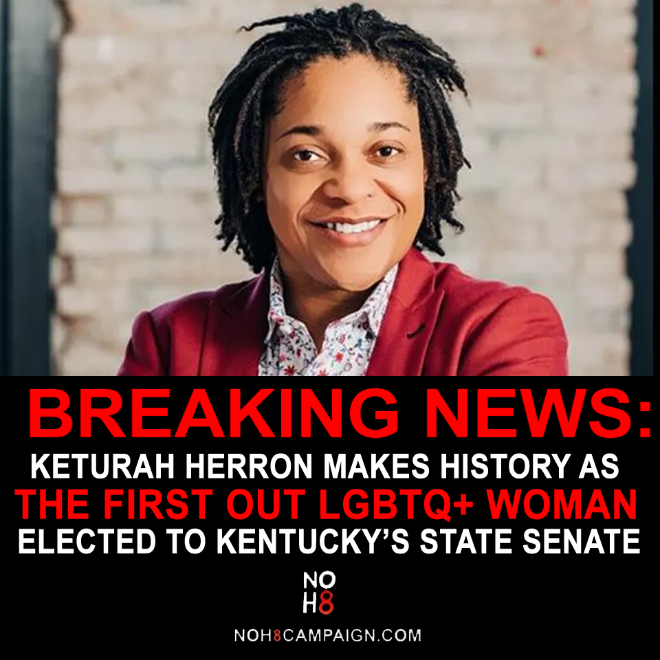 NOH8Campaign's tweet photo. BREAKING: Keturah Herron makes history as the first out LGBTQ+ woman elected to #Kentucky's state Senate #NOH8 https://t.co/V2GLL8Hs9I