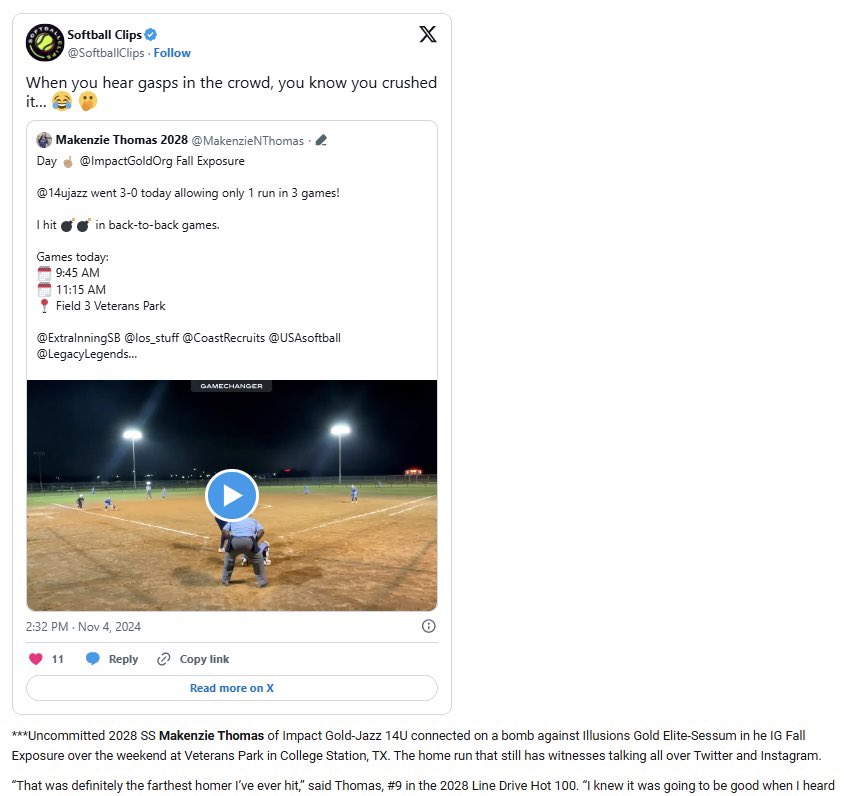MakenzieNThomas's tweet photo. @LineDsoftball Club News The Final Pitch👀🙌🏽Appreciate the shoutout!! #TexasPower #ImpactGoldJazz #EyesOn2028 @los_stuff @ImpactGoldOrg https://t.co/HPSXzN0vGv