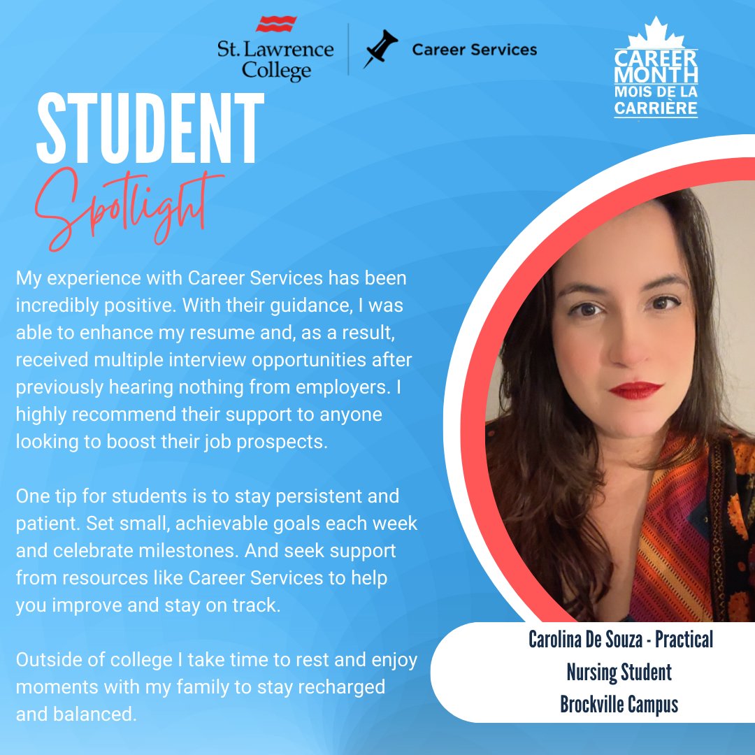 STUDENT SPOTLIGHT ALERT! 🚨🤭
Today, we’re highlighting the inspiring journey and tips of Carolina, a Practical Nursing student on the Brockville campus 😊 Join us in recognizing her dedication to building a successful career! ✨
#SLCCareerServices #StudentSuccess