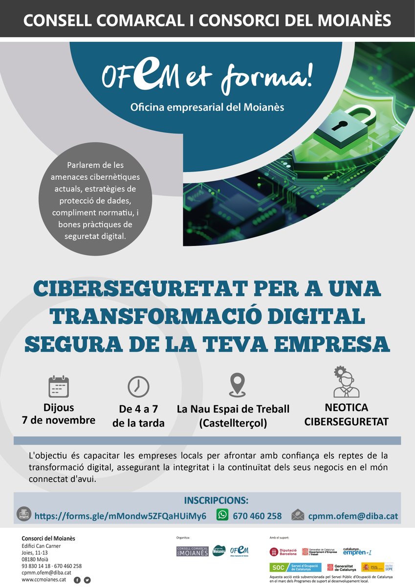 neoticasolution's tweet image. Os anunciamos nuest próxima ponencia en #Castellterçol en el Consorci del Moianès. 
&quot;Ciberseguridad para una transformación segura de tu empresa.&quot; 7 noviembre de 16:00 a 19:00

Registro gratuito: lnkd.in/dzb7TTHQ
#Granollers #Sabadell #Terrassa #Manresa
