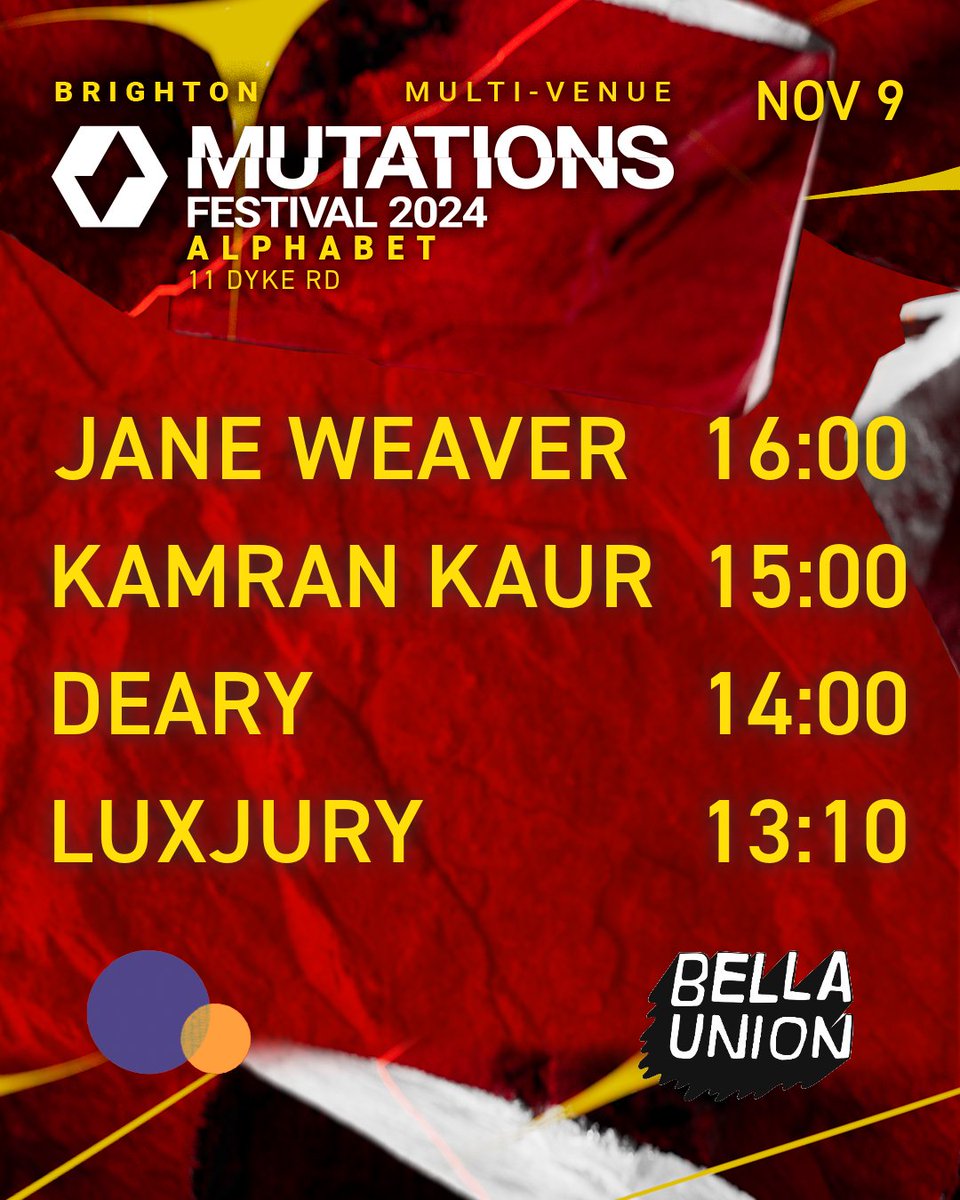 BellaUnionMgmt's tweet image. Don't miss our @bellaunion @mutationsfest matinee showcase this Saturday at ALPHABET with @JanelWeaver @dearybanduk #LuxJury and #KamranKaur. Tickets available here:
mutations.seetickets.com/event/mutation…