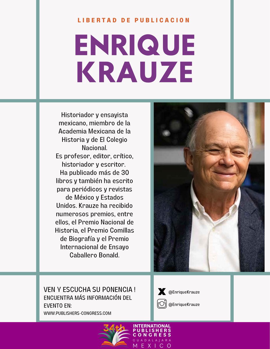 CongressIPA's tweet photo. Prepárate para las conferencias magistrales del 34° Congreso
Internacional de Editores. Hoy presentamos a Enrique Krauze, experta en sustentabilidad, diversidad e inclusión. Más información en https://t.co/PrhPWeo2Mv #Guadalajara2024 #ipacongress #caniem #ipacongress2024 https://t.co/w2FrWyQTkK