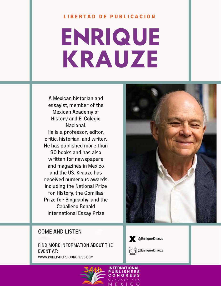 Prepárate para las conferencias magistrales del 34° Congreso
Internacional de Editores. Hoy presentamos a Enrique Krauze, experta en sustentabilidad, diversidad e inclusión. Más información en publisherscongress.com #Guadalajara2024 #ipacongress #caniem #ipacongress2024