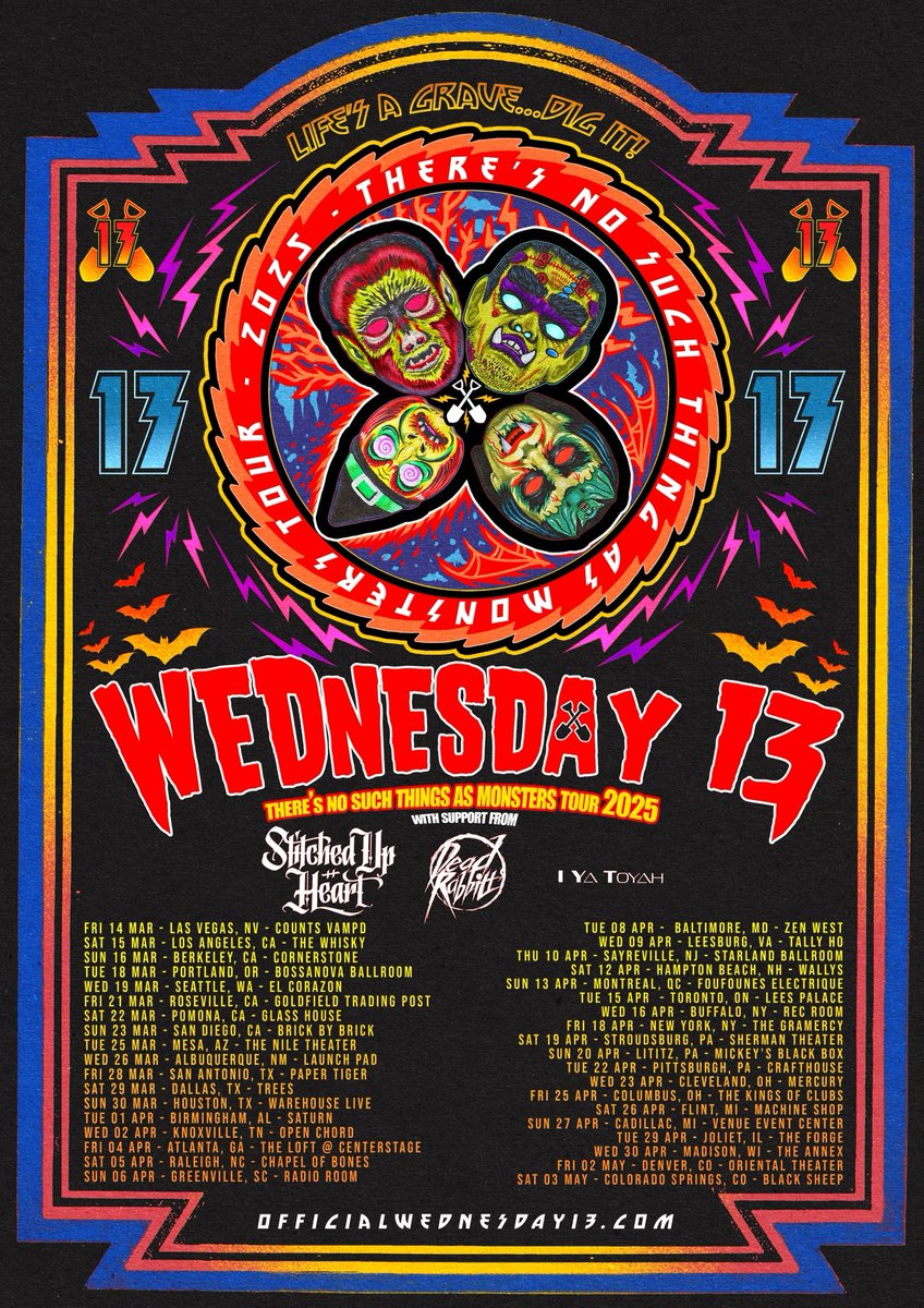 ๐พ๐๐๐๐๐๐๐ ๐๐ ๐๐๐๐๐ (@stitchedupheart) on Twitter photo Excited to announce:
Thereโs No Such Things As Monsters Tour
With @wednesday13 <a href="/DeadRabbitts/">Dead Rabbitts</a> & <a href="/iyatoyah/">I Ya Toyah</a>
Artist presale begins Wednesday November 6 with passcode โW13โ, and general sale starts Friday, November 8 at 10:00 AM EDT
officialwednesday13.com Excited to announce:
Thereโs No Such Things As Monsters Tour
With @wednesday13 <a href="/DeadRabbitts/">Dead Rabbitts</a> & <a href="/iyatoyah/">I Ya Toyah</a>
Artist presale begins Wednesday November 6 with passcode โW13โ, and general sale starts Friday, November 8 at 10:00 AM EDT
officialwednesday13.com