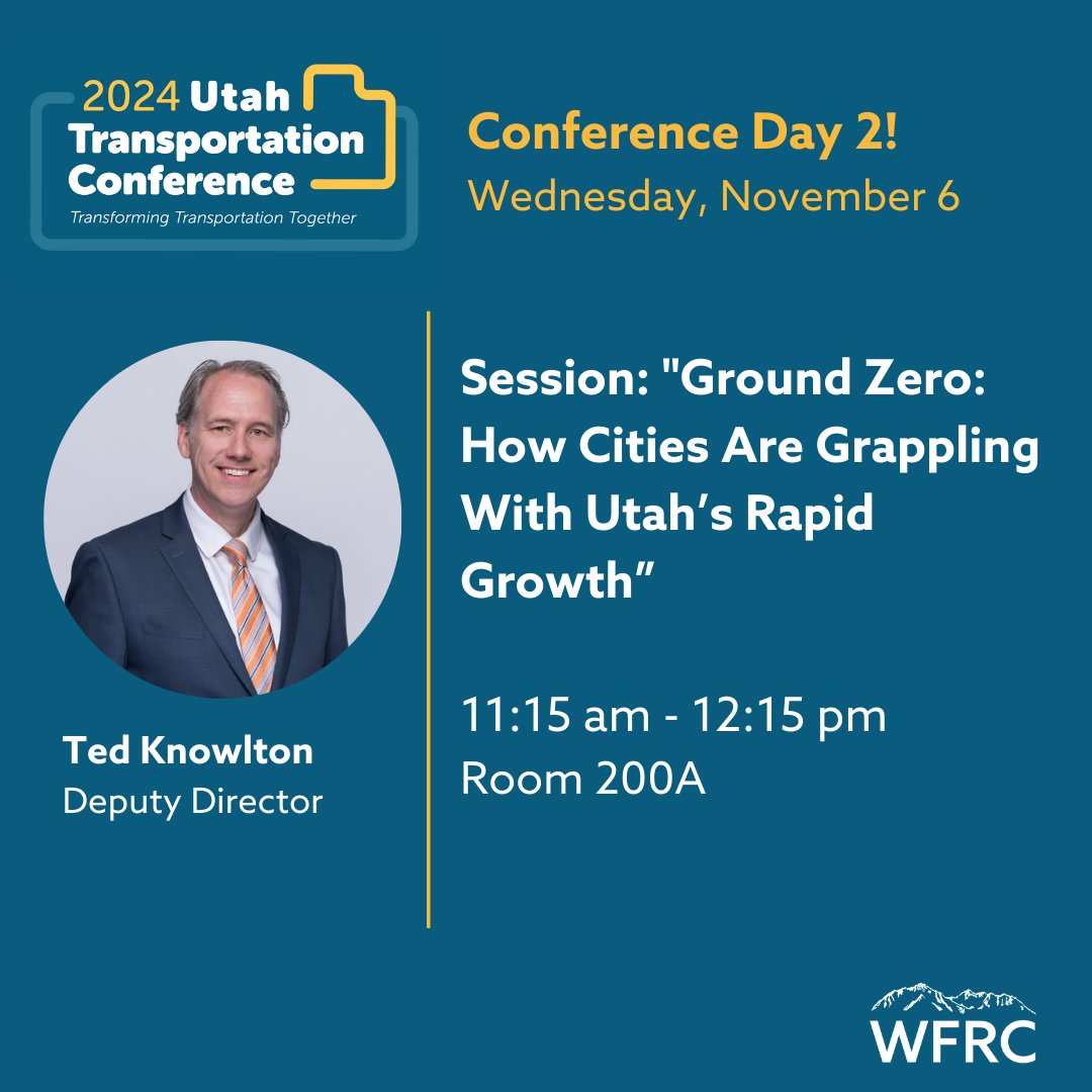 WasatchCouncil's tweet photo. It’s day 2 at the Utah Transportation Conference!
We’re excited to have WFRC Chair & Mayor Dawn Ramsey, and WFRC staff sharing their expertise today across various sessions. Don’t miss out on these discussions!
#UnifiedPlan #UTC24 https://t.co/zulOq5RwKI