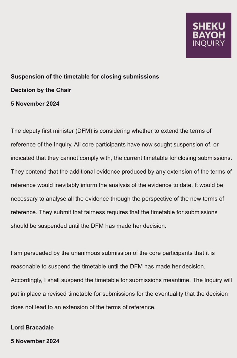 DFM <a href="/_KateForbes/">Kate Forbes MSP</a> was asked by family of Sheku Bayoh to extend terms of
reference of the Inquiry to consider the Lord Advocate’s failure to prosecute - The Chair Lord Bracadale has now suspended Dec’s hearings to allow her to decide- this is welcomed, but the DFM must now make a