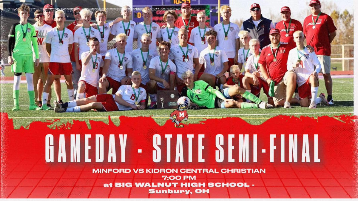 Good Luck today to the boys soccer team as they take on Kidron Central Christian in the STATE SEMIFINALS! 
⚽️💪🏻#madeinminford #gobigred #final4