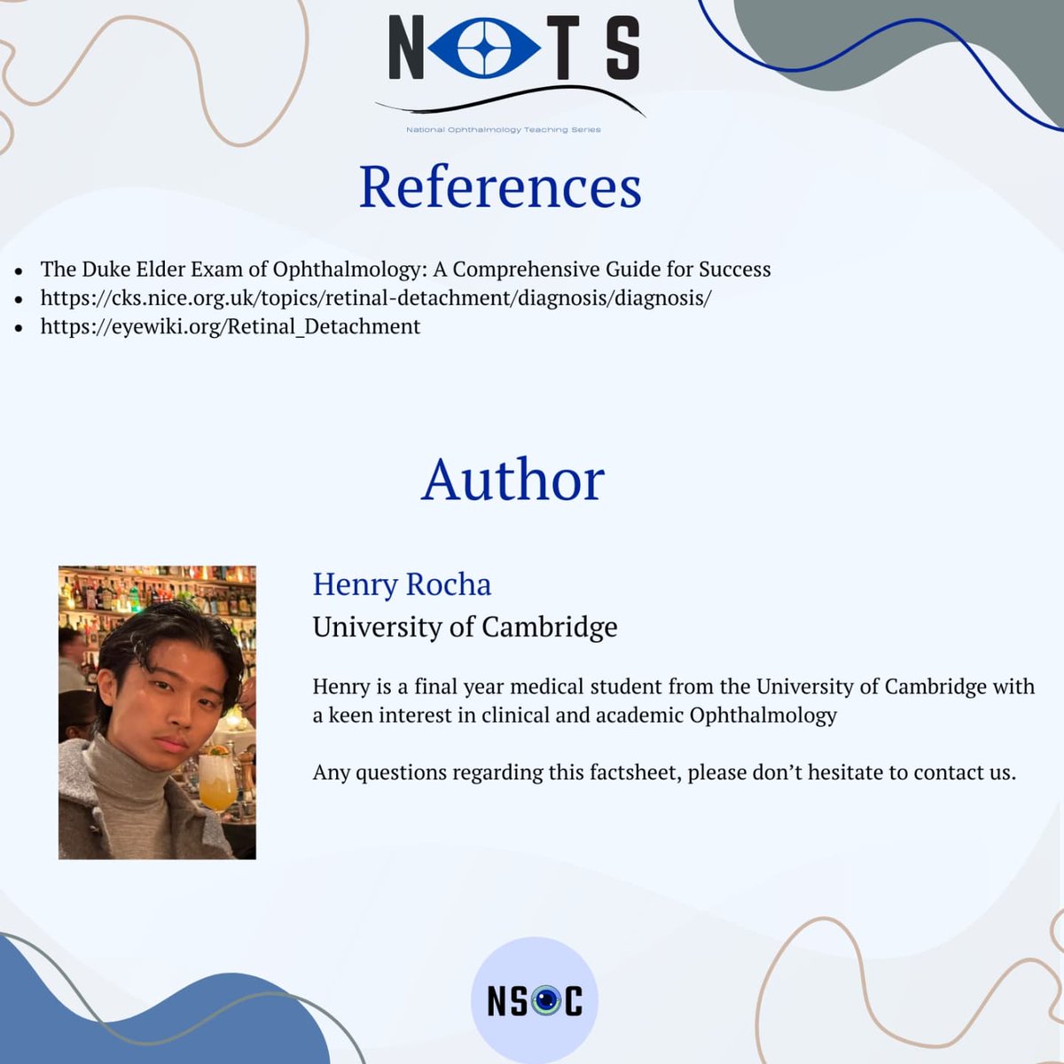 NatOphthalTeach's tweet photo. We are back with another of our fact sheets, this time on retinal detachment!

Keep a look out for our fact sheets which will be posted every 2 weeks ☺️

If you have any suggestions/ questions, don’t hesitate to contact us 👀

Author: Henry Rocha https://t.co/S9tqbkMGoL