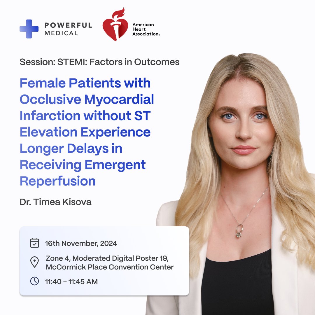 💙 Attending #AHA2024? Catch Dr. Timea Kisova’s  insights on delayed reperfusion for women with Occlusive MI without ST Elevation.

🗓️ 16 Nov, 11:40 AM
📍 Zone 4, Poster 19, McCormick Place

#AIinCardiology #CardiologyAI