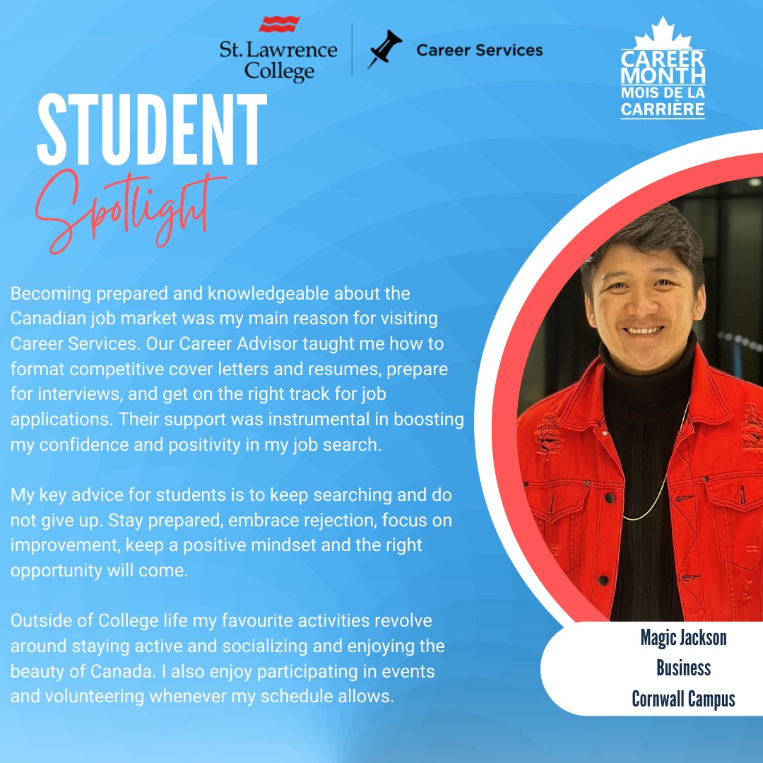 STUDENT SPOTLIGHT ALERT! 🚨🤭
Today, we’re highlighting the inspiring journey and tips of Magic, a Business student on the Cornwall campus 😊 Join us in recognizing his dedication to building a successful career! ✨💖

#SLCCareerServices #StudentSuccess #CanadaCareerMonth