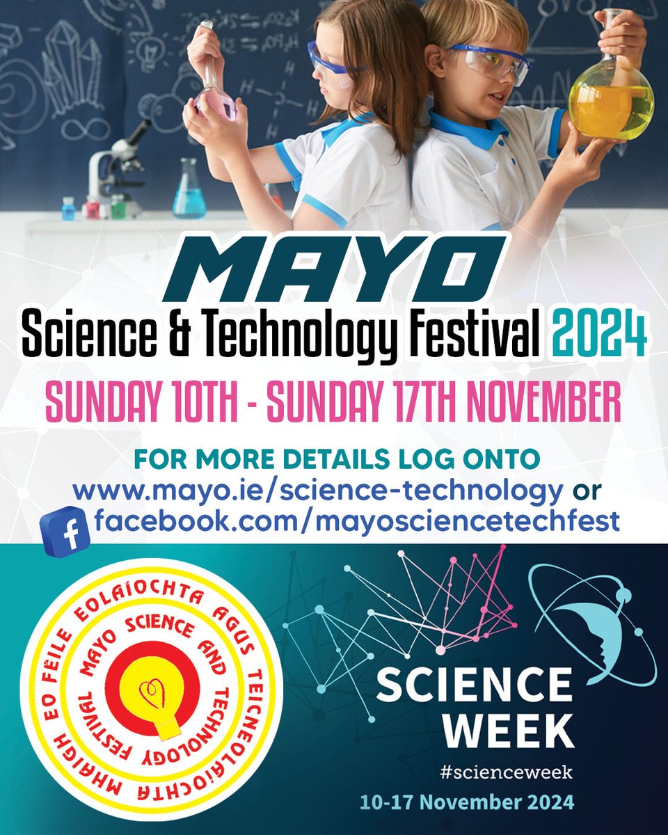 🌟 Get ready to discover! 🌟

Join us for the Mayo Science &amp; Technology Festival 2024 from Nov 10–17! Whether you're into science, tech, or just curious, there’s something for everyone.

More info: mayo.ie/science-techno… or
facebook.com/mayosciencetec…