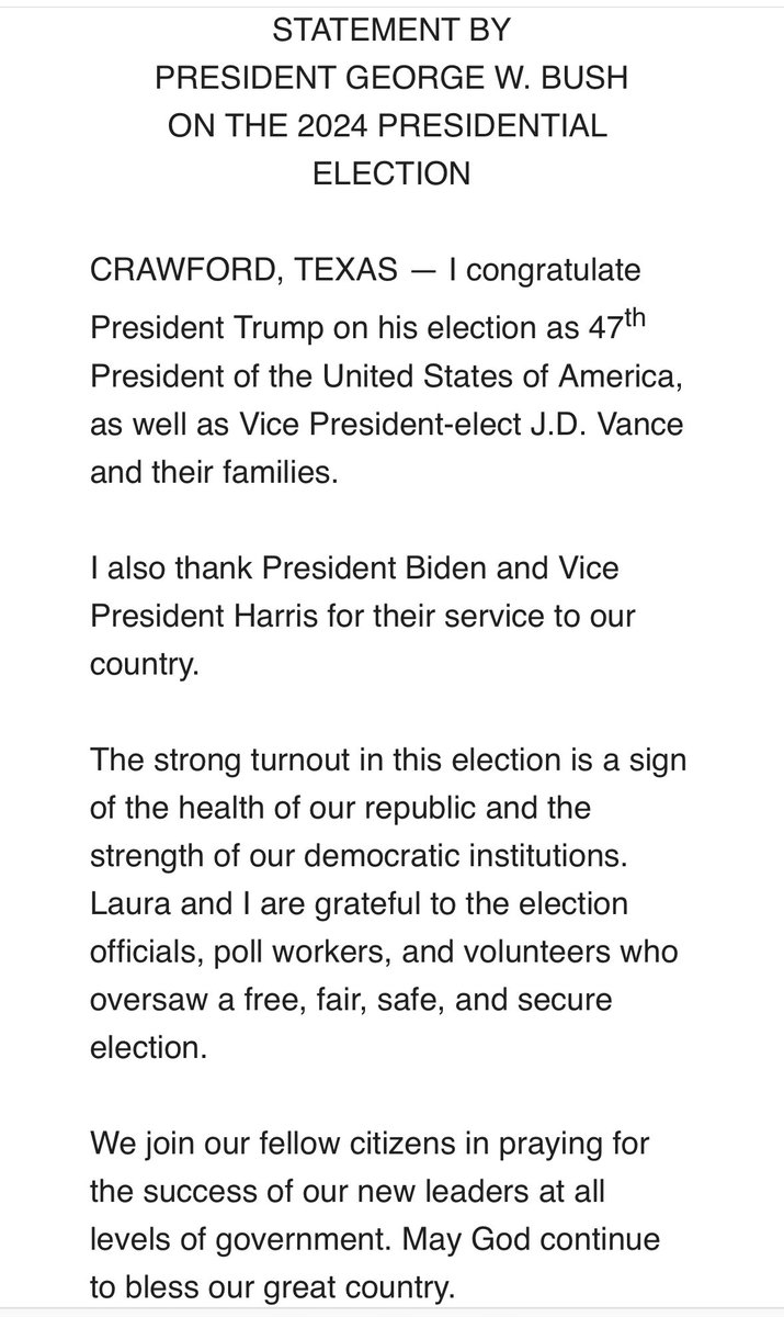 Jack Fink (@cbs11jack) on Twitter photo NEW: Former President George W. Bush congratulates <a href="/realDonaldTrump/">Donald J. Trump</a> & <a href="/JDVance/">JD Vance</a>. Statement ⬇️. <a href="/CBSNewsTexas/">CBS News Texas</a> NEW: Former President George W. Bush congratulates <a href="/realDonaldTrump/">Donald J. Trump</a> & <a href="/JDVance/">JD Vance</a>. Statement ⬇️. <a href="/CBSNewsTexas/">CBS News Texas</a>
