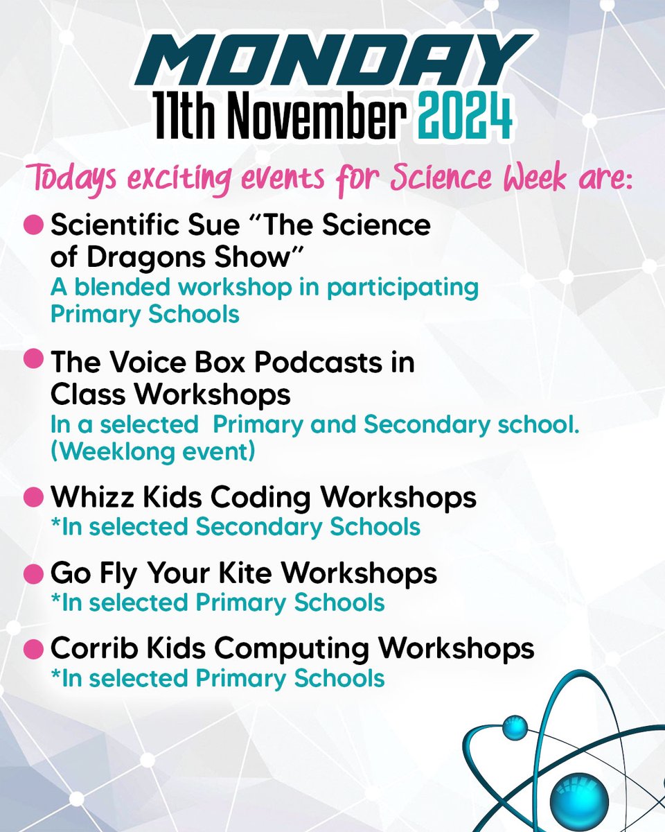 🌟Science Week is here🌟

Today’s highlights:

🐉 Scientific Sue’s “Science of Dragons” for primary schools  
🎙️ The Voice Box Podcast Workshops  
💻 Whizz Kids Coding for secondary schools  
🪁 Kite-Making Fun with Go Fly Your Kite  
💻 Corrib Kids Computing for primary schools