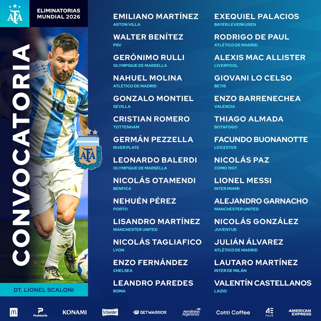 MartinoB2004's tweet photo. #EliminatoriasSudamericanas 
Lionel Scaloni confirmó la lista de 28 jugadores para disputar la doble fecha eliminatorias de noviembre. 
🆚️ 🇵🇾 en Asunción.
🆚️ 🇵🇪 en La Bombonera.
Vuelve el Dibu tras la sanción, no están Dybala ni Acuña. 
Primera citación para Enzo Barrenechea. https://t.co/uoDnYqxIwD