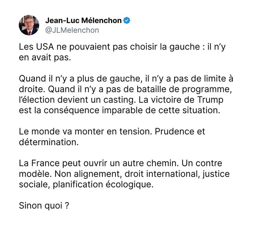 broderly's tweet photo. "The US couldn't choose the Left: there wasn't one. When there's no more Left, there's no limit on the Right. When there's no fight over programme, the election becomes a casting exercise. Trump's win is the unstoppable consequence of this situation" https://t.co/d6XL3jT8P8