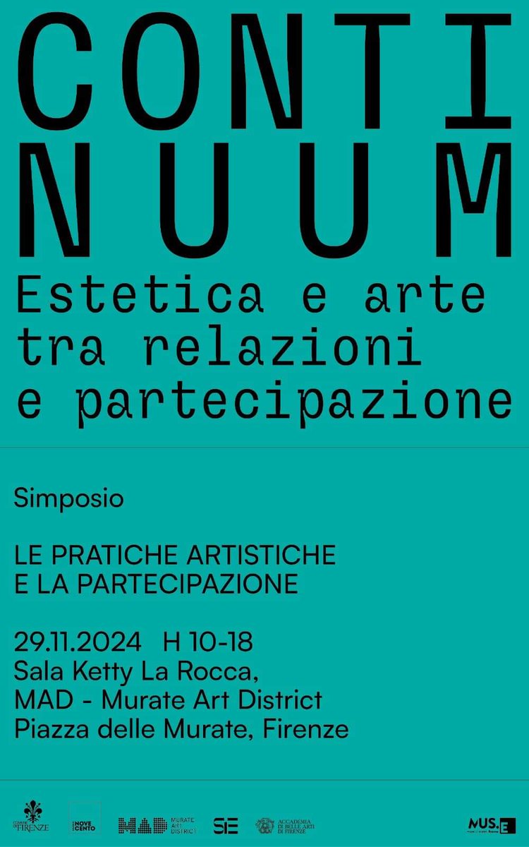 Research Unit LYNX - IMT School (@lynxlucca) on Twitter photo • CONTINUUM •
Estetica e arte tra relazioni e partecipazione
Un simposio a cura di Davide Del Sasso, ricercatore della Research Unit LYNX, <a href="/IMTLucca/">Scuola IMT Alti Studi Lucca</a>.
Il simposio è frutto di una collaborazione con Museo Novecento di Firenze, SIE – Società Italiana d’Estetica, MAD. • CONTINUUM •
Estetica e arte tra relazioni e partecipazione
Un simposio a cura di Davide Del Sasso, ricercatore della Research Unit LYNX, <a href="/IMTLucca/">Scuola IMT Alti Studi Lucca</a>.
Il simposio è frutto di una collaborazione con Museo Novecento di Firenze, SIE – Società Italiana d’Estetica, MAD.