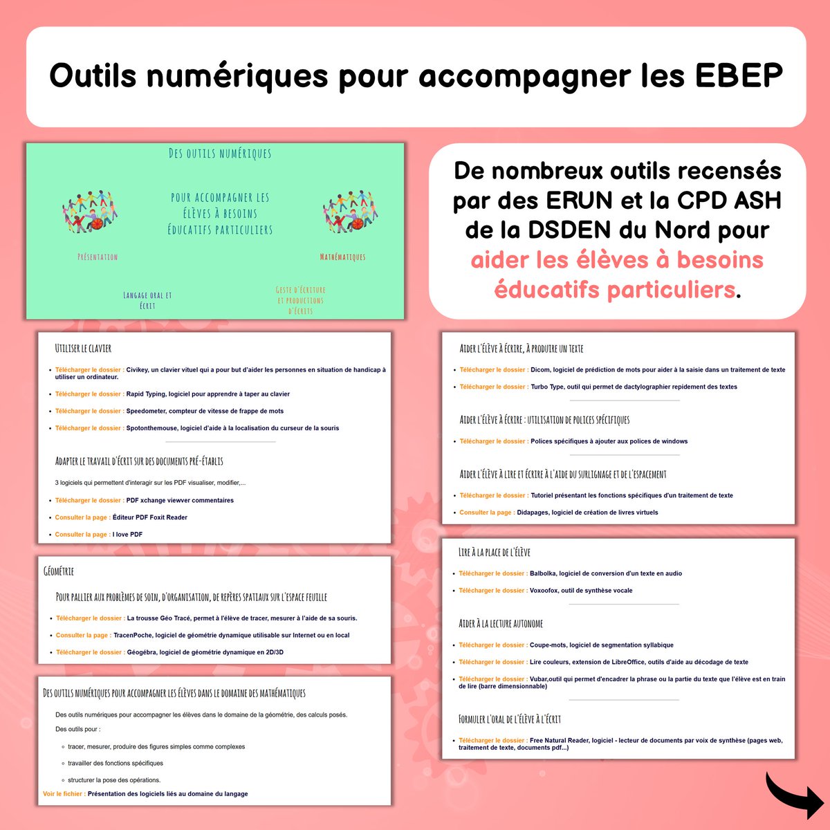 MaitresLunicole's tweet photo. @mathsenvie 👉 OUTILS NUMÉRIQUES POUR ACCOMPAGNER LES EBEP

Des outils permettant de faciliter les apprentissages des élèves à besoins éducatifs particuliers, recensés par les ERUN et la CPD ASH de la DSDEN du Nord.

🔗 https://t.co/Kv94WrQ008 https://t.co/cCDzkHyk4w